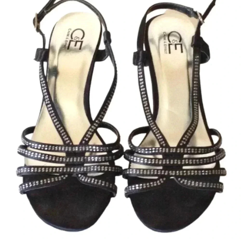 Cause & Effect Size 8B Evening‎ Party Sandals Black Heels  Rhinestone Accents